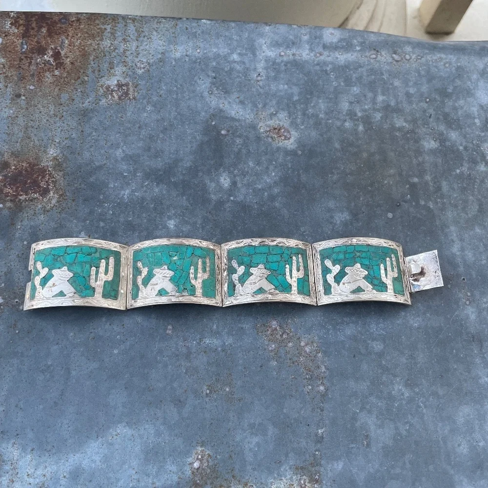 Vintage Mexico Sterling Turquoise Inlay Link Bracelet 6.5